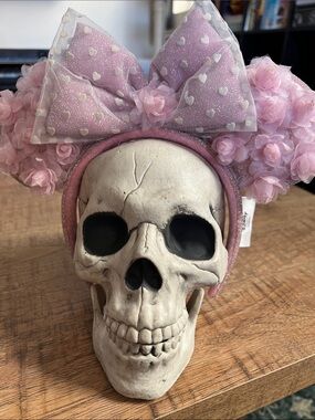 Disney Valentines Day Pink Floral Bow Headband with Heart Print